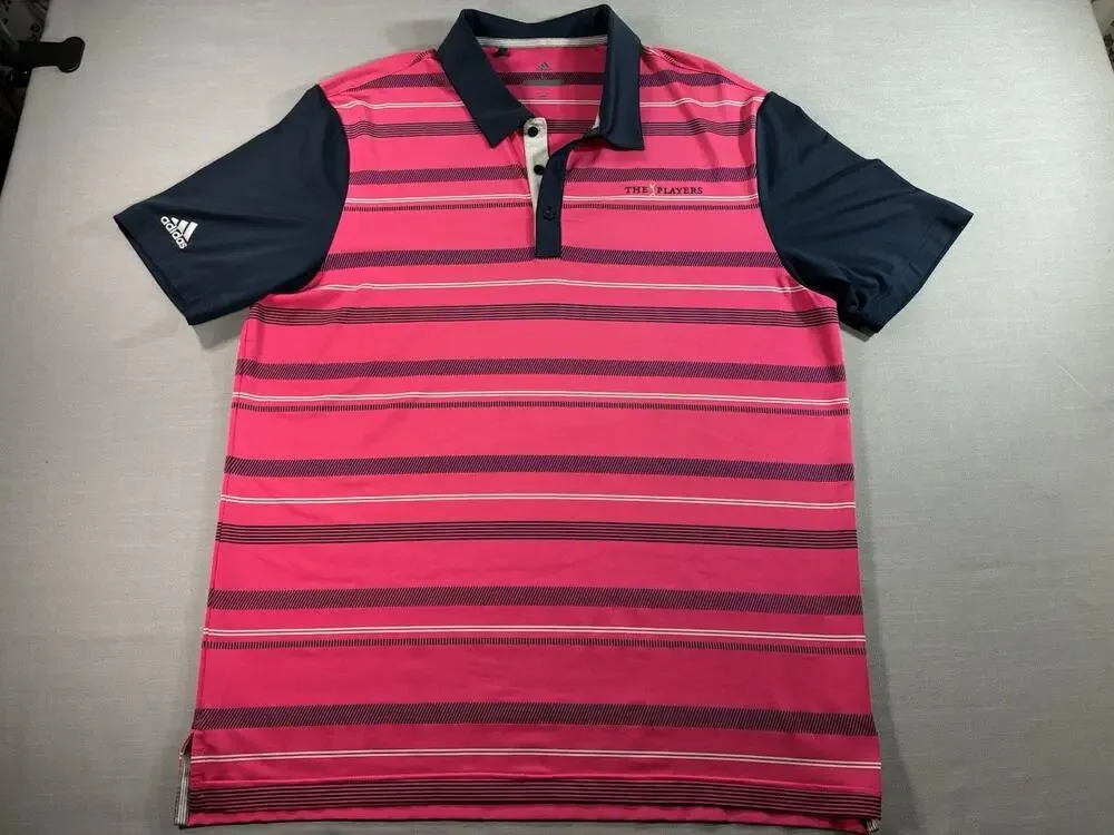 Adidas Golf Polo Men’s Large Pink Navy Striped The Players Championship Shirt